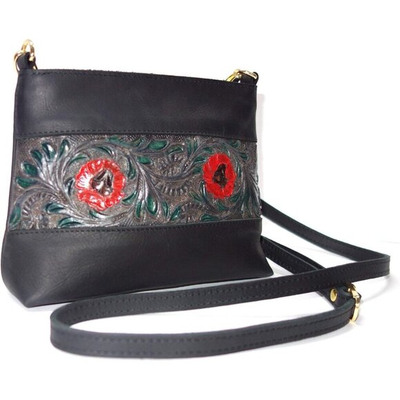 Tooled Leather Purse Crossbody Bag Women Handmade Grain Leather Black